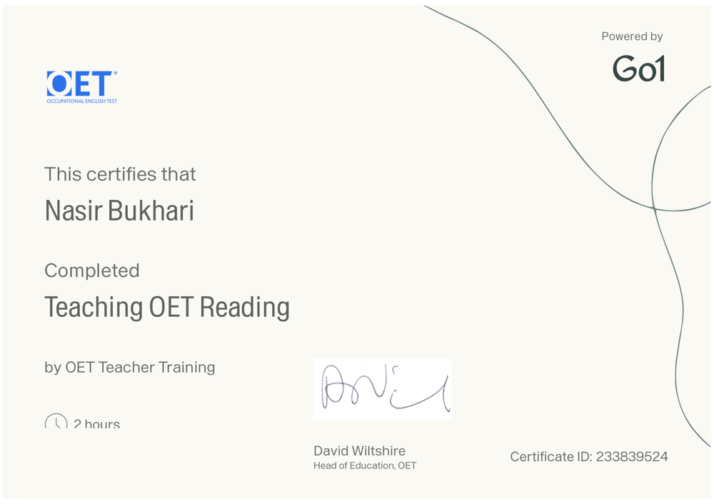 Teaching OET Reading certificate