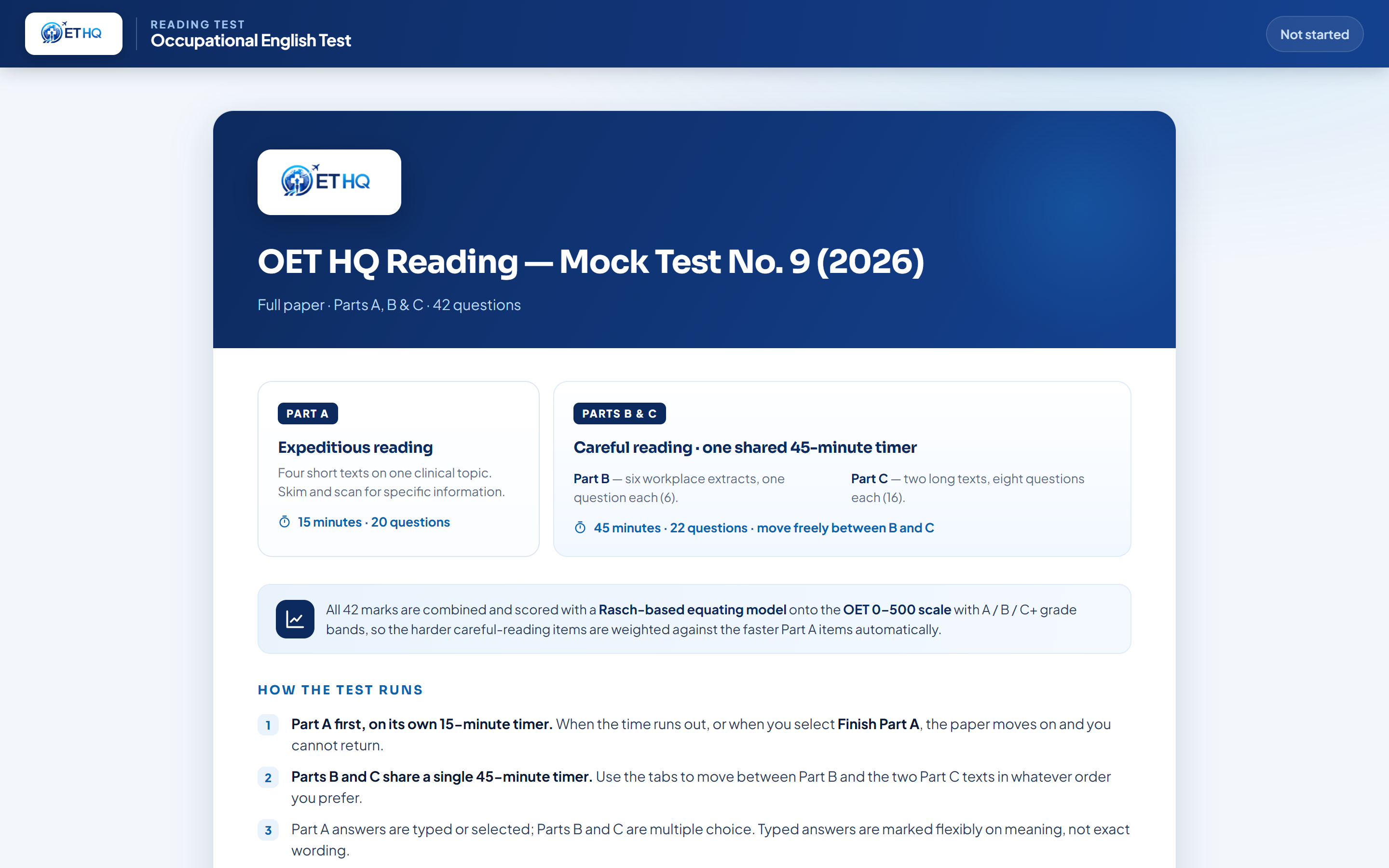 OET HQ assessment interface showing a Reading Part A question with the exam timer